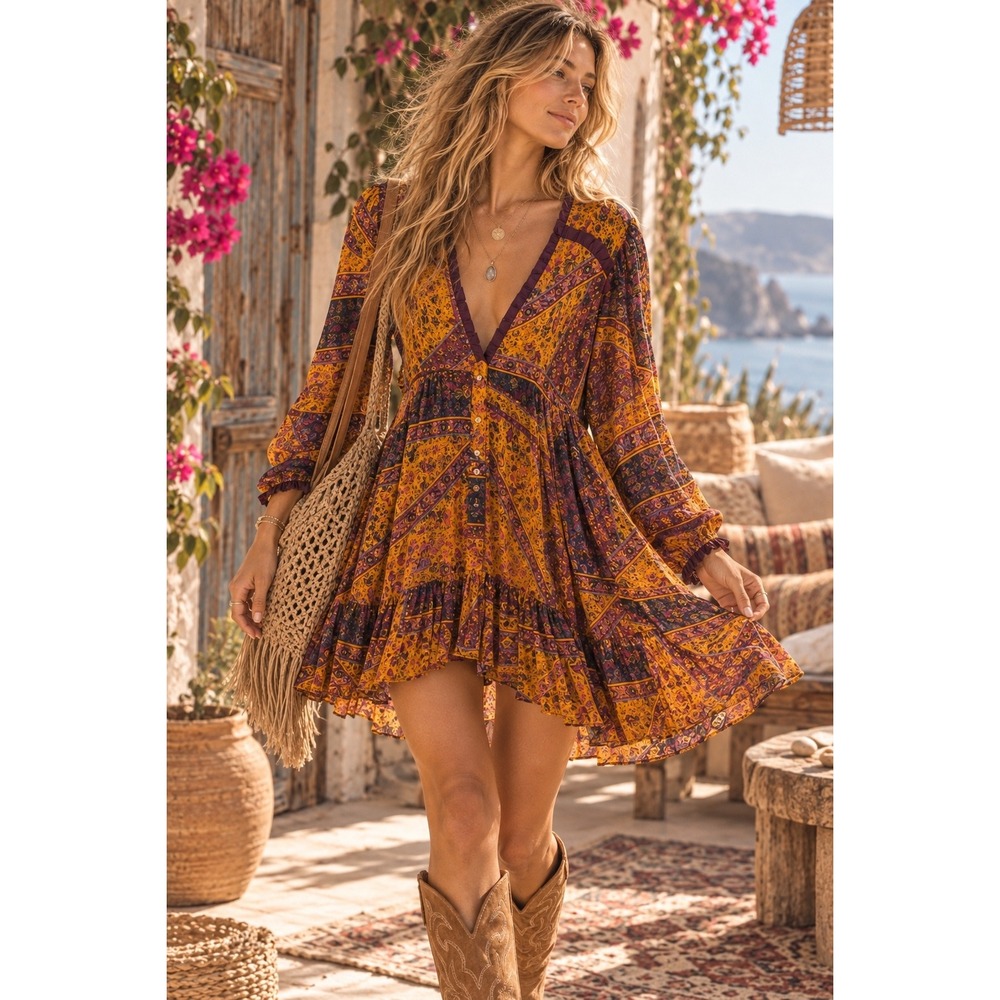 Olivaceous Mustard Yellow Paisley Patchwork Boho Mini Dress V-Neck Medium